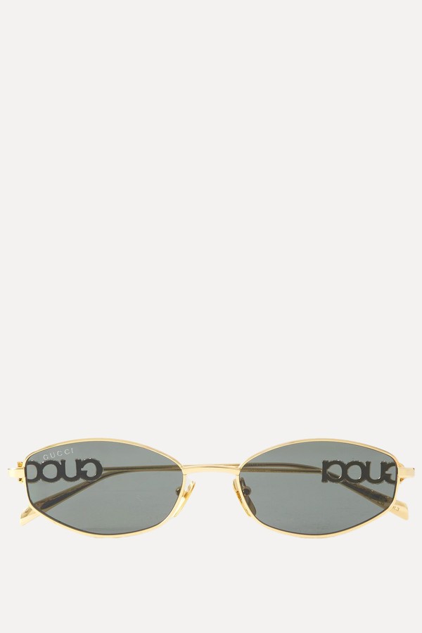 Lettering Oval-Frame Crystal-Embellished Gold-Tone Sunglasses from GUCCI EYEWEAR