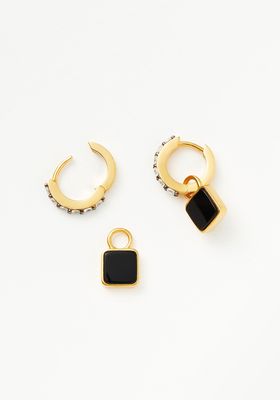 Square Black Onyx Charm Hoop Earrings