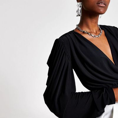 Black Wrap Draped Crop Top