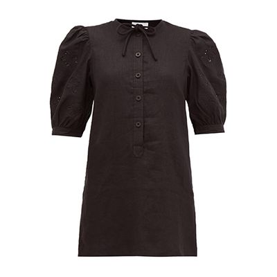 Broderie-Anglaise Puff-Sleeve Linen Mini Dress from Sir