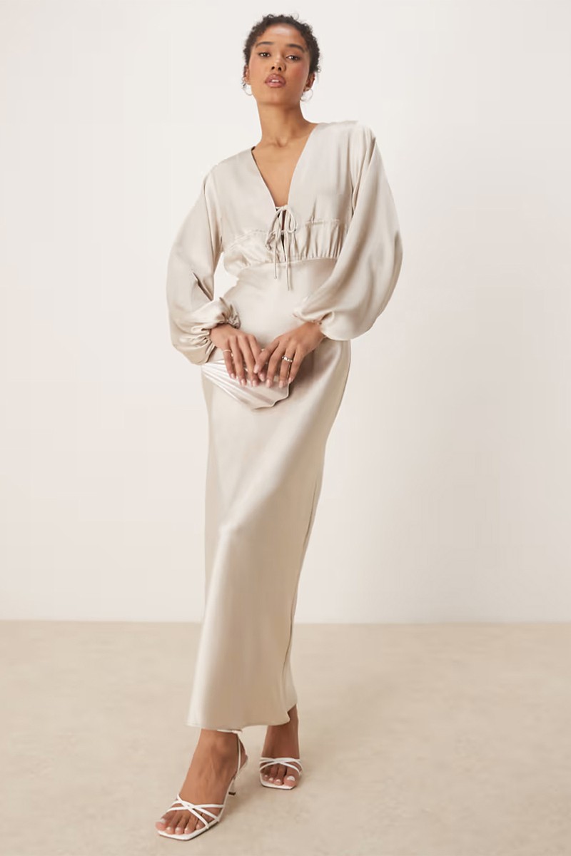 Satin Long Sleeve Midi V Neck Tie Front Ruched Detail from Gina Tricot