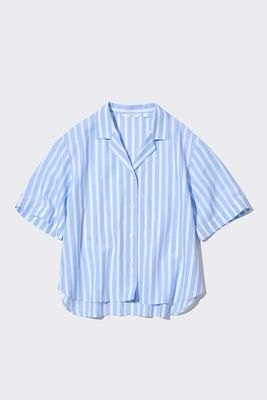 Linen Blend Striped Open Collar Shirt Sleeve Shirt