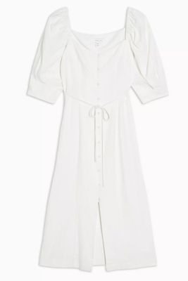 White Linen Blend Puff Sleeve Midi Dress