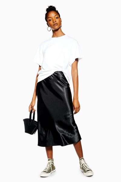 Black Satin Bias Midi Skirt