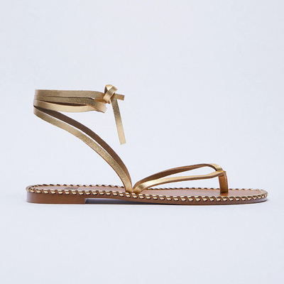 Ties Flat Leather Sandals With Topstitching  from Zara