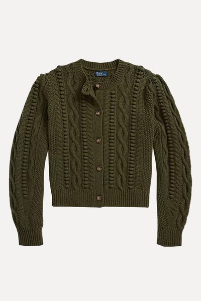 Aran Blouson-Sleeve Wool-Blend Cardigan