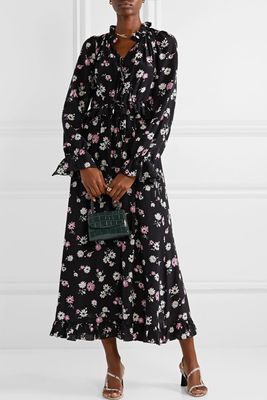 Tie Front Ruffled Floral Print Silk Crepe Maxi Dress from Les Rêveries