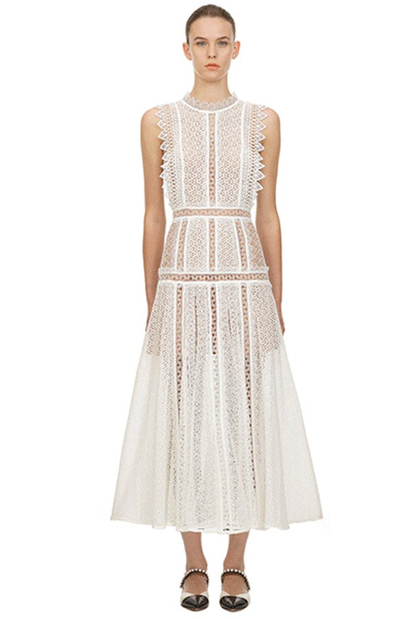 White Lace Panel Midi Dress