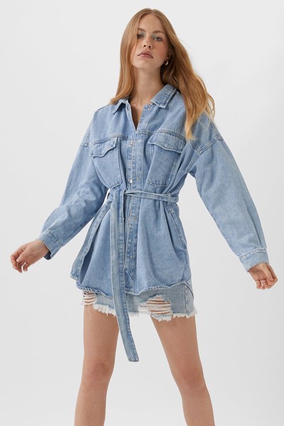 Denim Overshirt With Belt from Stradivarius