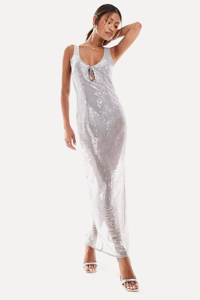 Kaiia Sheer Sequin Sleeveless Tie Front Maxi Dress from ASOS