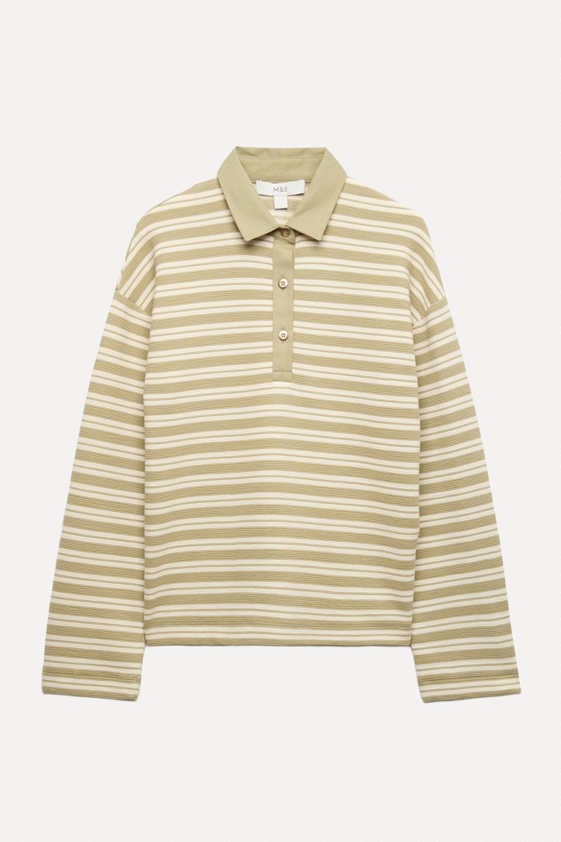 Striped Collared Gold Button Rugby Polo Top