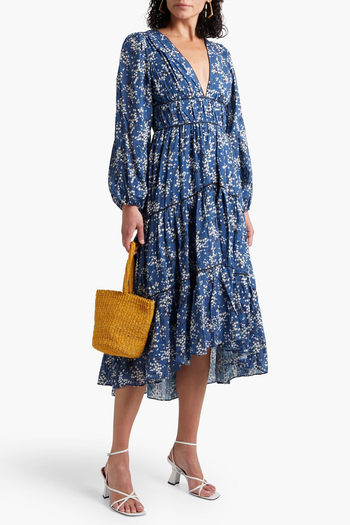 Joan Gathered Floral-Print Cotton-Blend Jacquard Midi Dress from Ulla Johnson