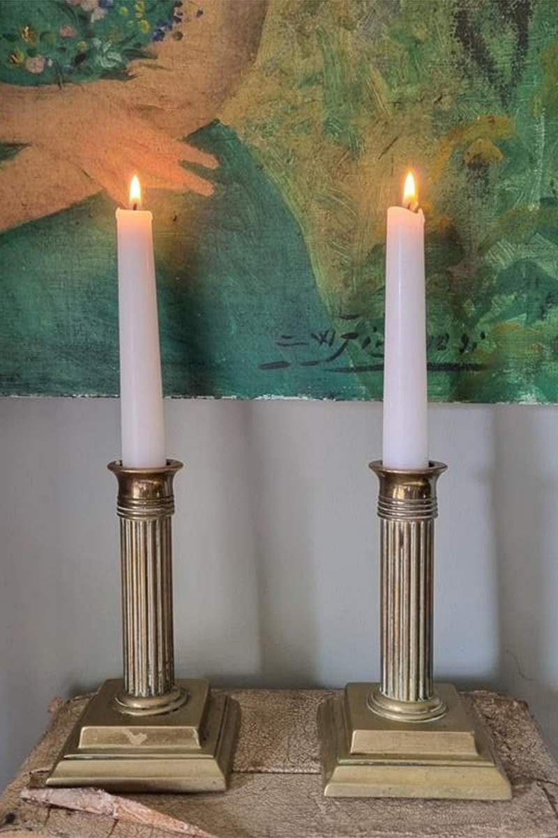 Charming Victorian Corinthian Column Brass Candle Holders from Style & Story Entertainers