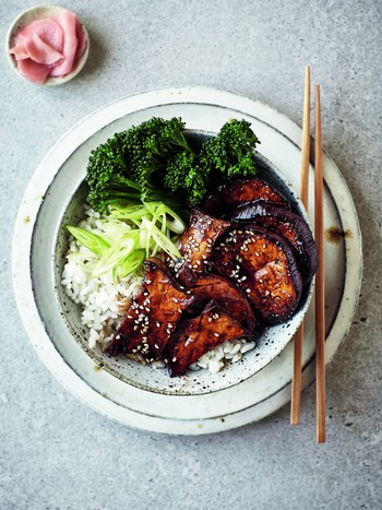 Teriyaki Aubergine & King Oyster Mushrooms With Sesame Rice