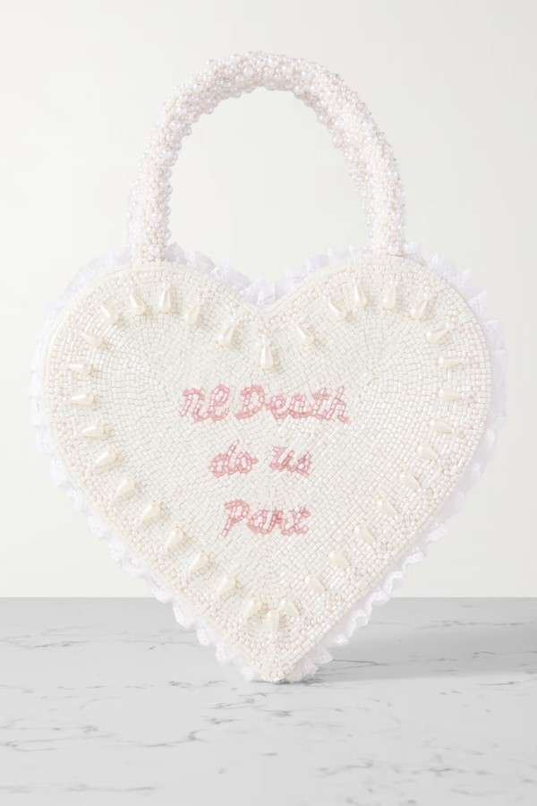 Til Death Do Us Part Lace-Trimmed Beaded Twill Tote from Clio Peppiatt