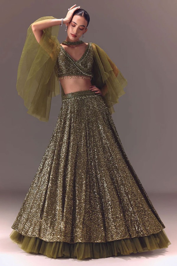 Frill Blouse With Lehenga & Choker Dupatta from Kalki Fashion