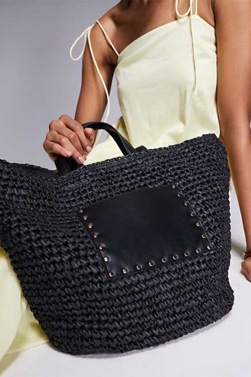 Straw Shoulder Tote Bag With PU Panel from SOUTH BEACH 