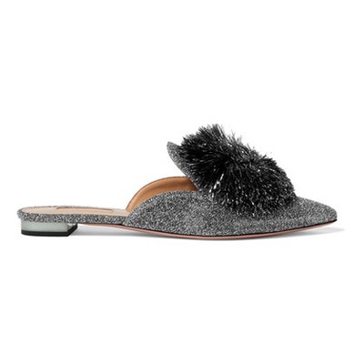 Powder Puff PomPom-Embellished Lurex Slippers from Aquazzura