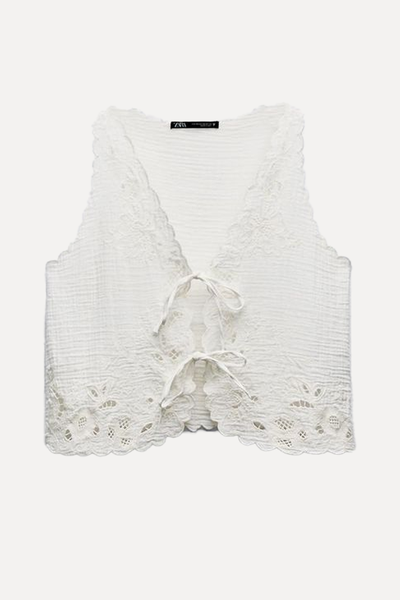 Embroidered Cotton Muslin Top With Ties from Zara