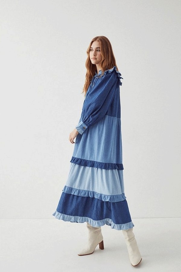 Denim Patchwork Frill Detail Midi Dress from Warehouse