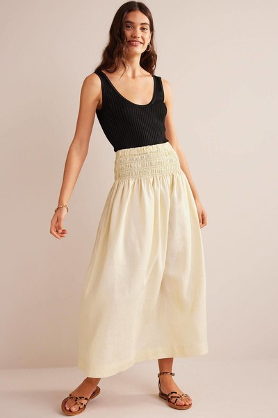 Shirred Waist Linen Midi Skirt