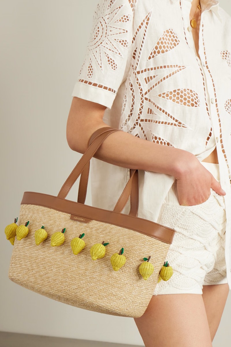 Lemon Leather-Trimmed Embellished Raffia Tote, £910 | Aquazzura