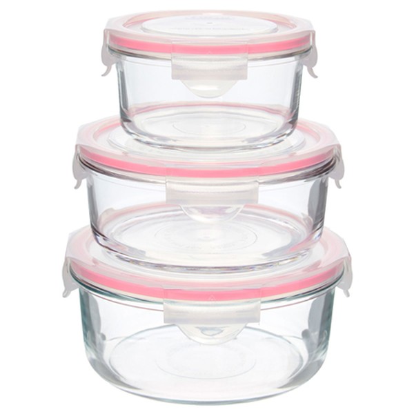Three Pack Red Round Glass Food Containers