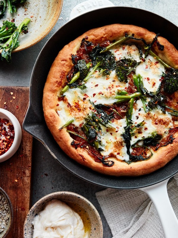Broccoli Rabe Pizza With Caramalised Onions & Burrata