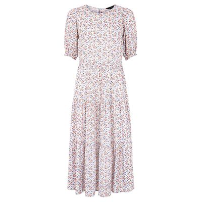 Blue Floral Puff Sleeve Tiered Midi Dress from New Look