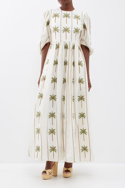 Raquel Palm Tree-Embroidered Linen Maxi Dress from Agua by Agua Bendita