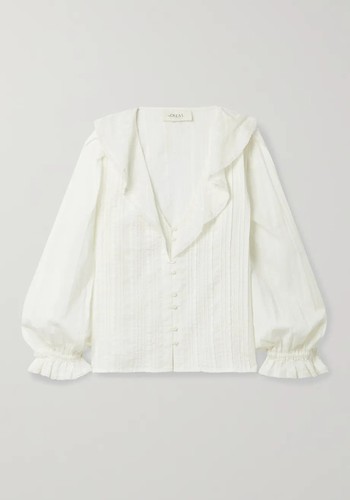 The Hankie Lace-Trimmed Pintucked Cotton-Voile Blouse from The Great