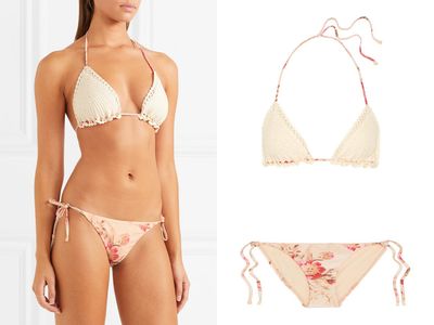 Corsair Crocheted Cotton and Floral-Print Triangle Bikini from Zimmerman