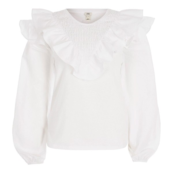 White Long Sleeve Frill Front Blouse