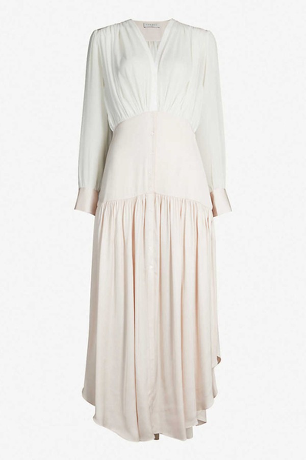 Olive Asymmetrical Chiffon & Satin Dress from Sandro