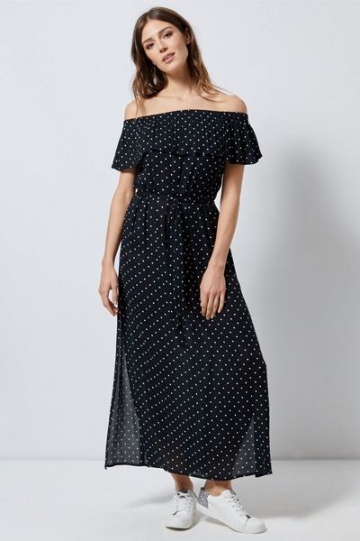 Beach Black Polka Dot Bardot Maxi Dress