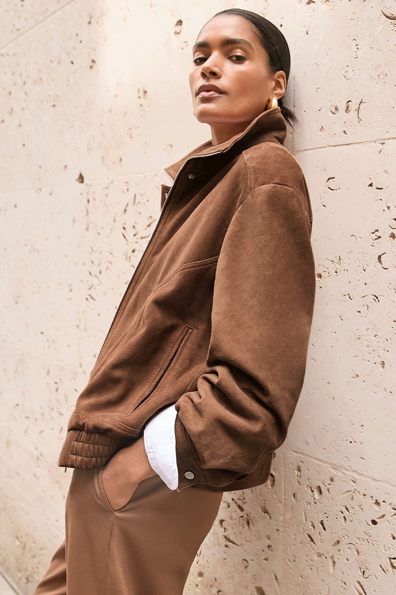 Kiara Suede Funnel-Neck Bomber Jacket from Reiss