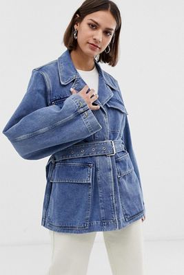 Tie Waist Denim Jacket with Balloon Sleeves from Selected Femme