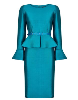 Emerald And Teal Silk Peplum Dress With Fluted Cuffs from Lalage Beaumont