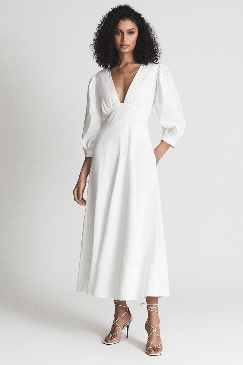 Christie Puff Sleeve Plunge Midi Dress from Reiss