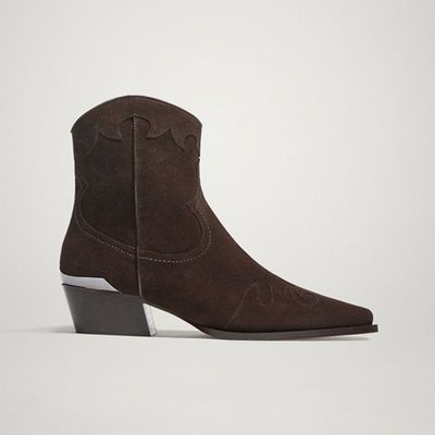 Dark Brown Split Suede Leather Cowboy Ankle Boots from Massimo Dutti