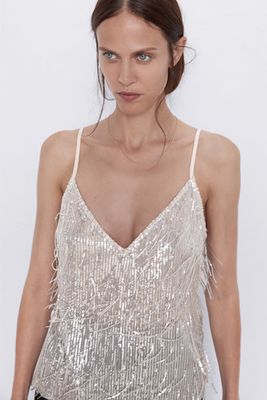 Sequinned  T-Shirt With Fringe from Zara