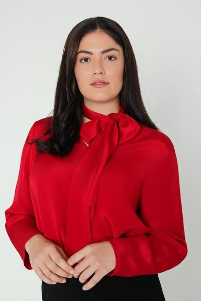 Lipstick Red Crepe De Chine Neck Tie Blouse