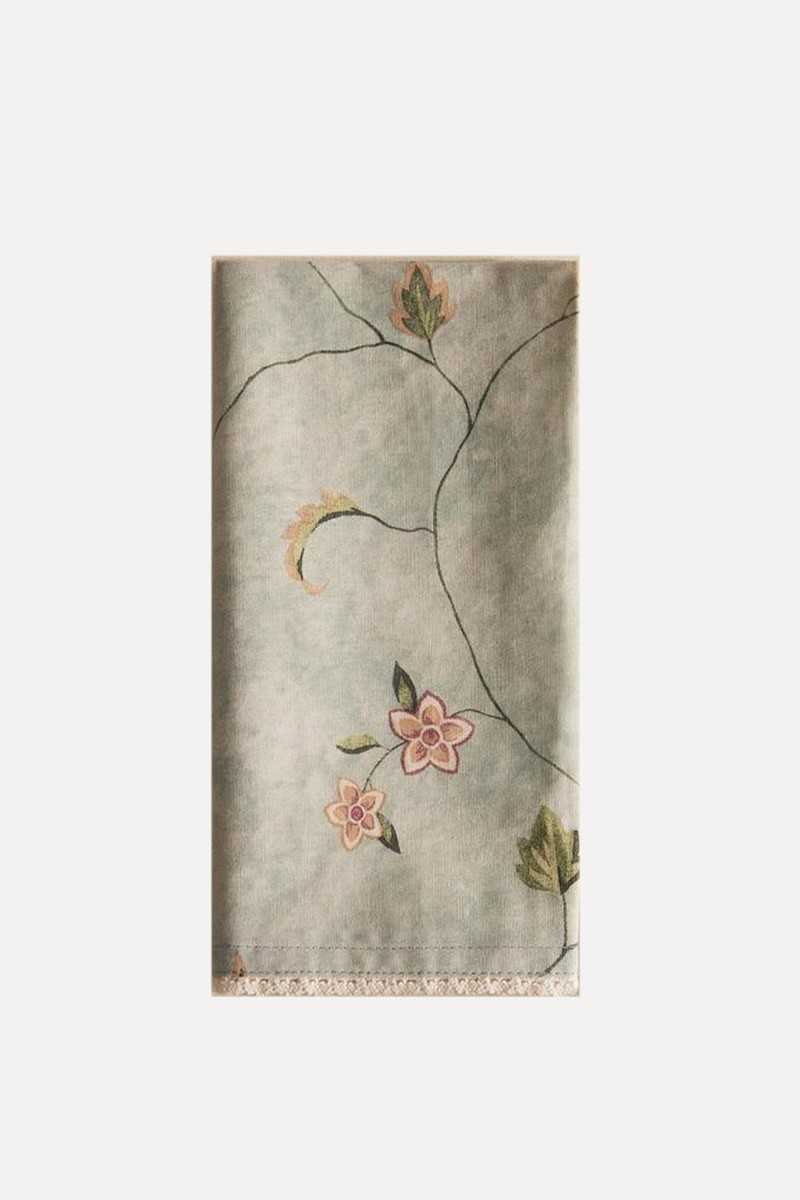 Set Of 2 Floral Print & Lace Trim Napkins