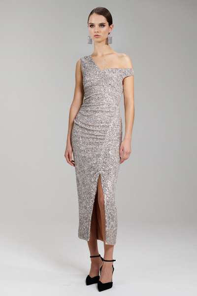 Sequin Gathered Asymmetric Midi Dress from Self Portrait