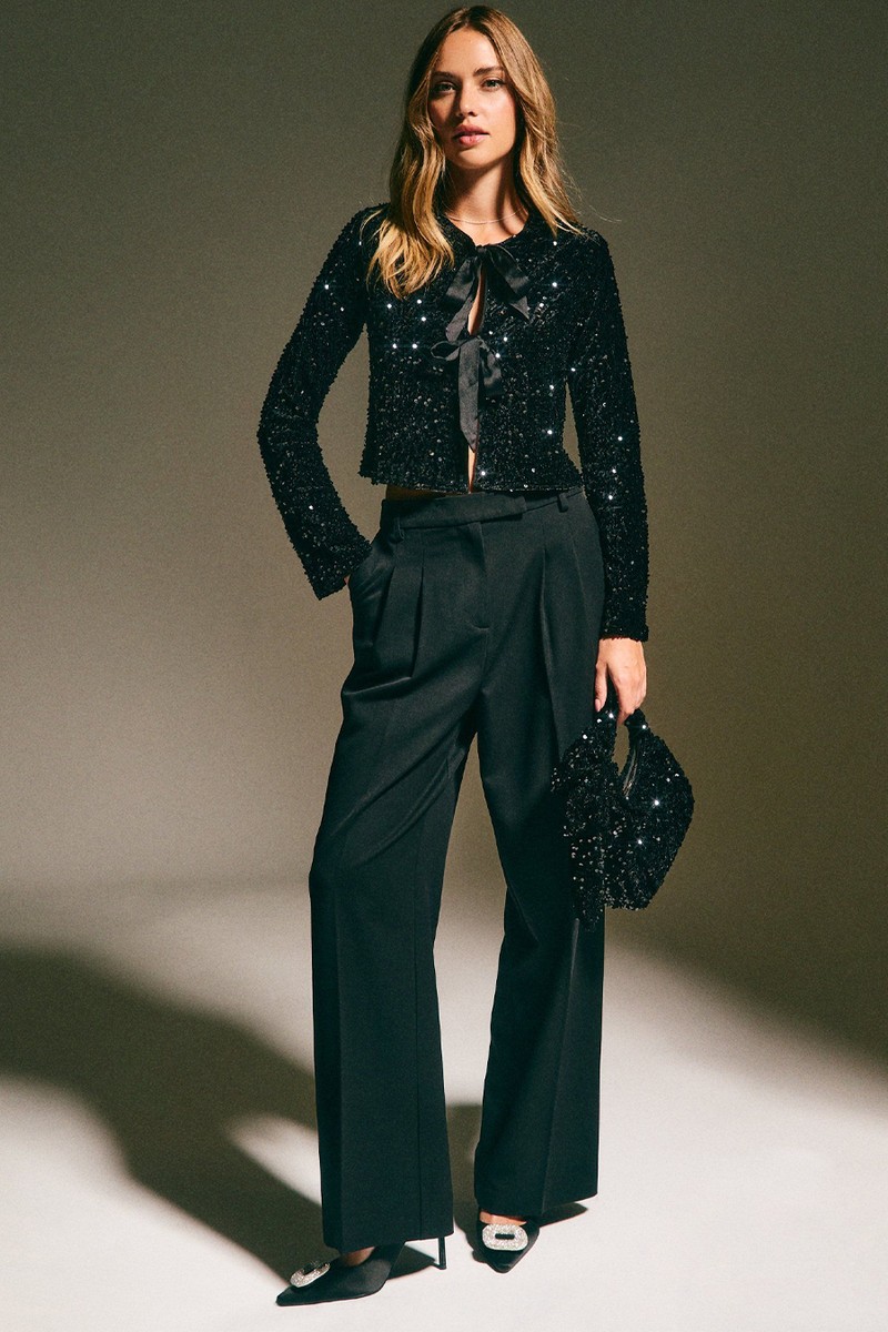 Velvet Sequin Embellished Tie Front Cardigan