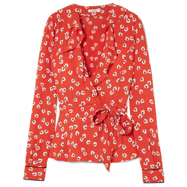 Ruffled Printed Silk-Satin Wrap Top