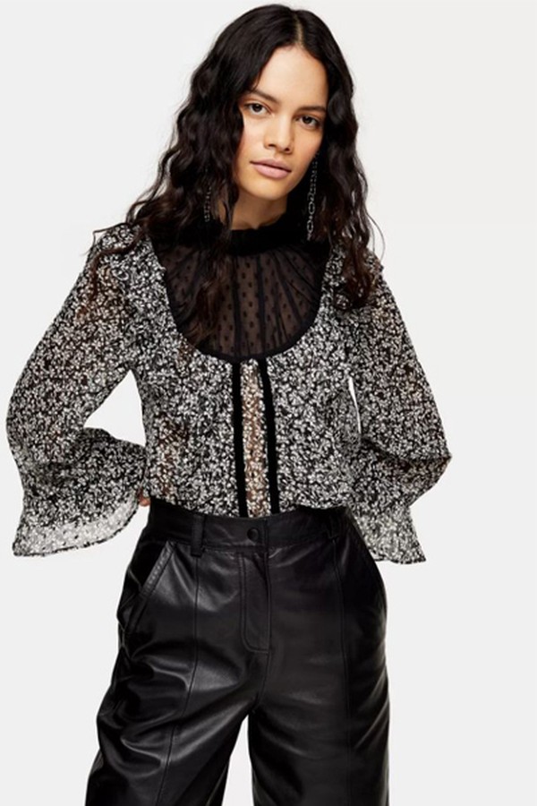 Black & White Bow Ditsy Flock Frill Blouse