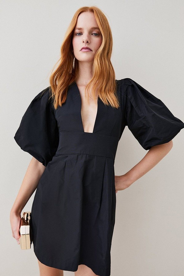 Taffeta Puff Sleeve Woven Mini Dress