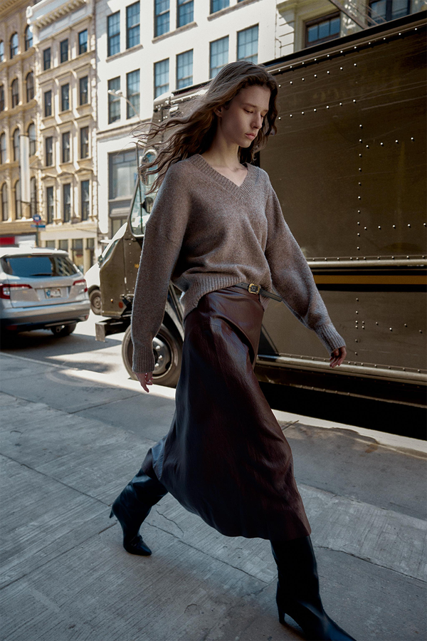 Faux Leather Midi Skirt With Belt