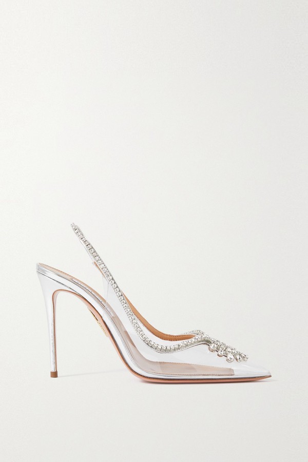 Seduction 105 Crystal-Embellished Metallic Leather & PVC Slingback Pumps from Aquazzura